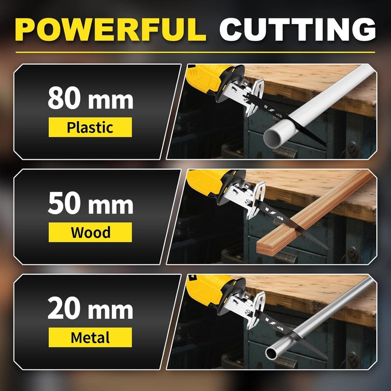 FULLYEA Cordless Reciprocating Saw, 0-3500 RPM Electric Saws with 4 Blades & 2 Batteries, Tool‑Free Change, Handheld Saw Lightweight, Battery Reciprocating Saws for Cutting Wood PVC Pipe (Yellow) - Image 5